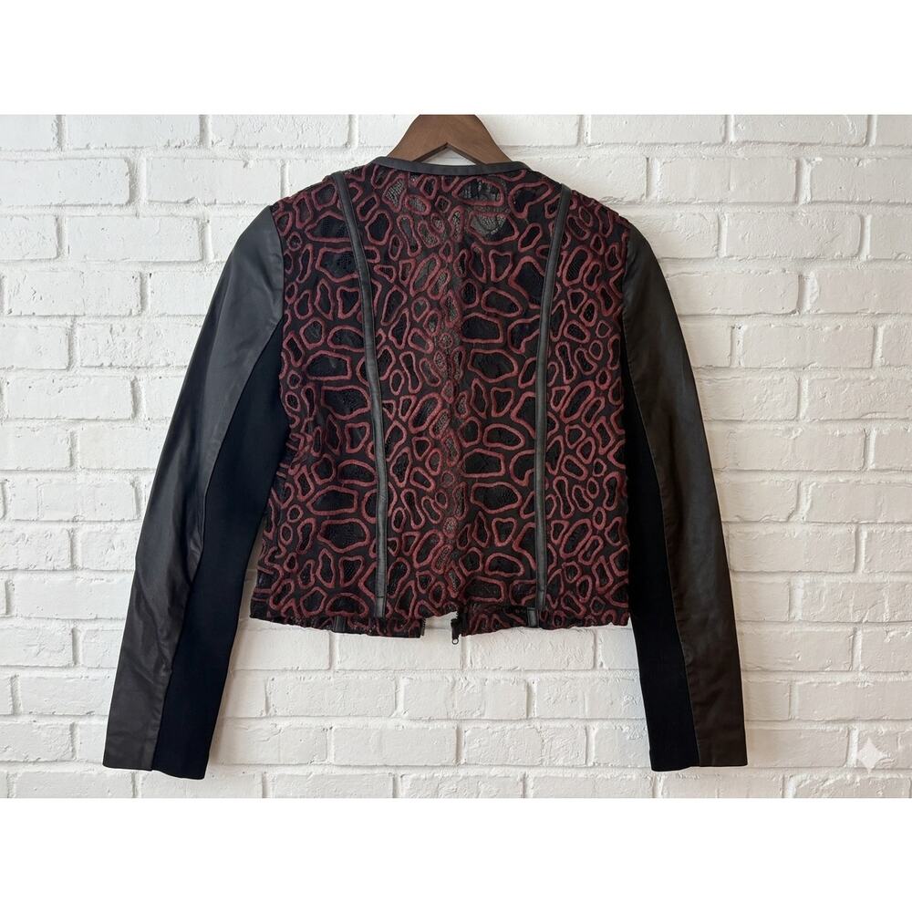 YIGAL AZROUËL Whimsigoth Lace Moto Jacket Leather Trim NWT Burgundy burnout Sz 4